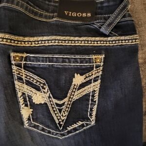 Vigoss Women's Dark Blue Jeans with Cream Embroidery